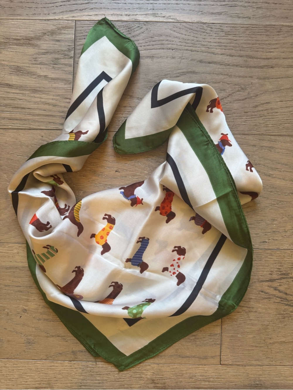 Silky Dog Print Scarf in Green and Cream